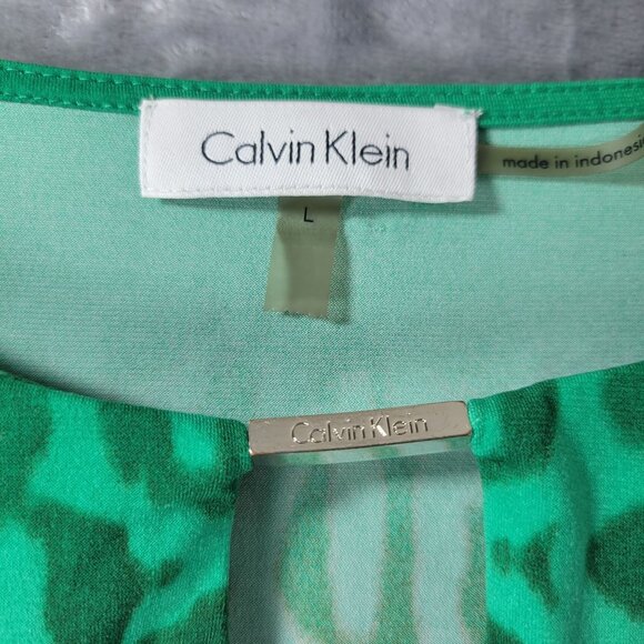 Calvin Klein Womens L Green Leopard Print Keyhole Top Career Blouse 3/4 Sleeve - Picture 2 of 9